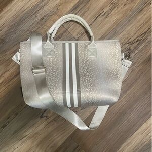 Prenelove neoprene silver stripe fawn print casual satchel tote bag w/ strap EUC